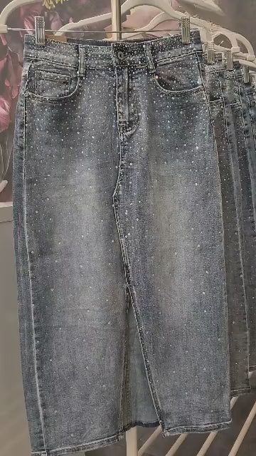 Jeans Midirock mit Strasssteinen