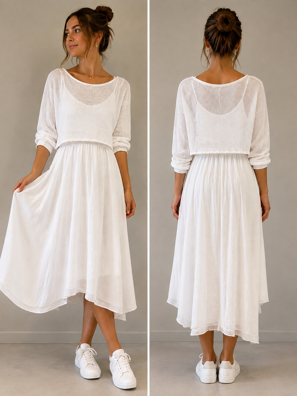 Zweiteiler | Netz-Top & Fließendes Midi-Kleid | One Size
