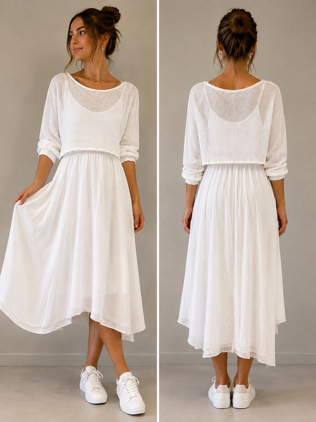 Zweiteiler | Netz-Top & Fließendes Midi-Kleid | One Size