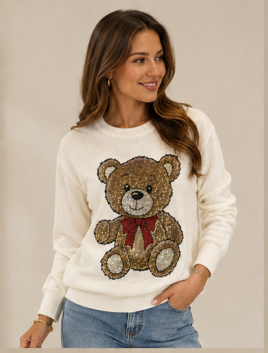 Teddy-Bär Strickpullover mit Pailletten