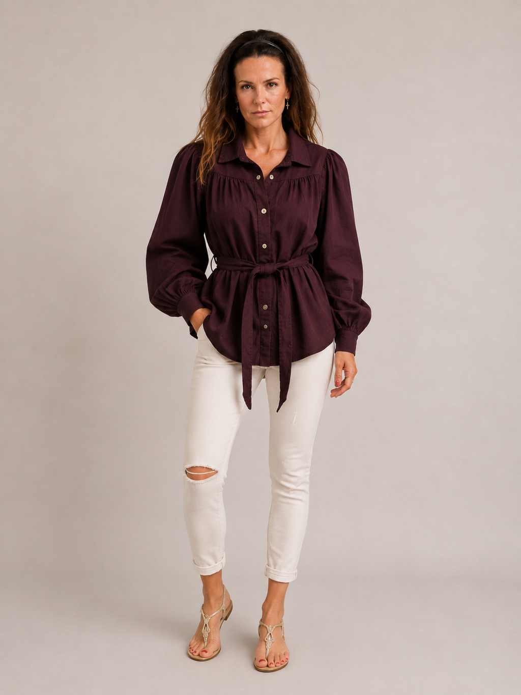Strukturierte Jacke mit Bindegürtel | One Size | Beige & Bordeaux