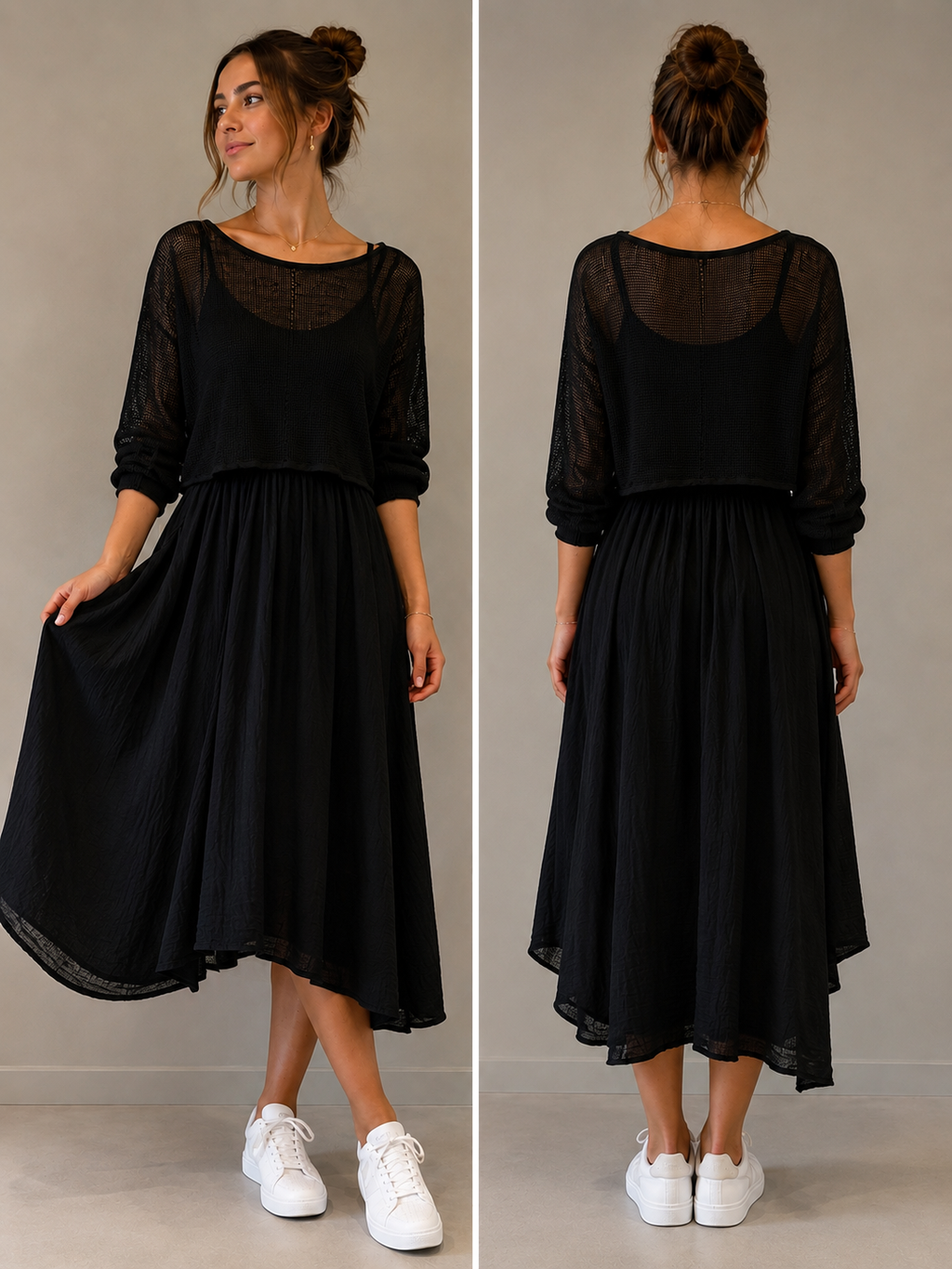 Zweiteiler | Netz-Top & Fließendes Midi-Kleid | One Size
