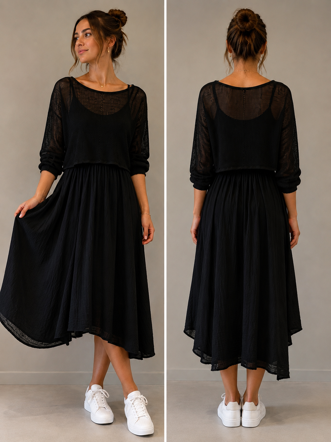 Zweiteiler | Netz-Top & Fließendes Midi-Kleid | One Size